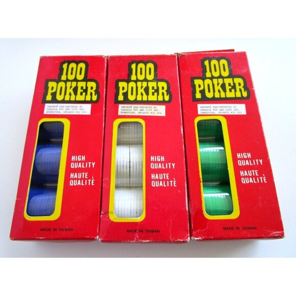 Vintage Poker Chips Blue/Green/White Boxes of 100 - Red Box Not Full Box -Taiwan - Picture 4 of 12